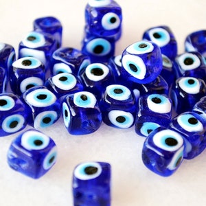 Evil Eye Beads Cubic Shape Beads Dice Blue 10mm Lampwork Glass Beads From Turkey - Set Of 20, Dark Blue Evil Eye Beads Nazar Evil Eye