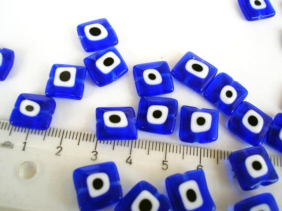 10 Square Blue Glass Evil Eye Beads, Chunky Artisan Handmade Lucky