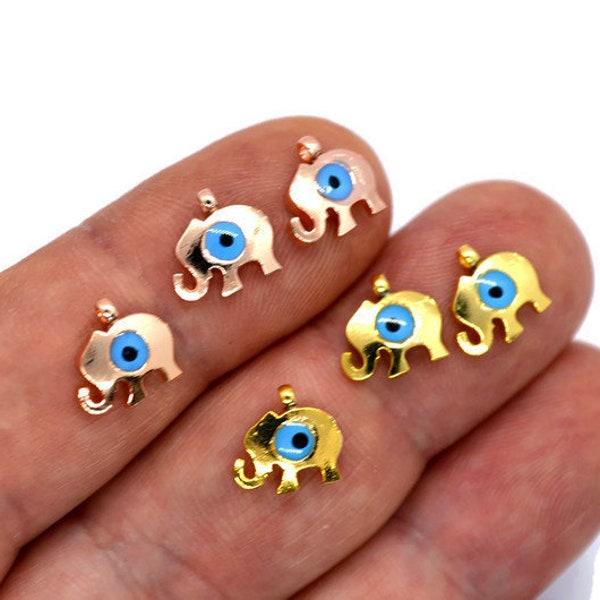 3 Pcs Elephant Bead Pendants With Evil Eye - 6 mm Mini Evil Eye Beads Golden Color Plated Brass Cute Beads Beads For Bracelet Necklace Ojo