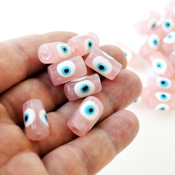 14 mm Set Of 10 Pink Evil Eye Beads For Necklace or Bracelet - Tube Shape Eye Beads Pendant Lamp Work Glass Beads Turkish Eye Beads