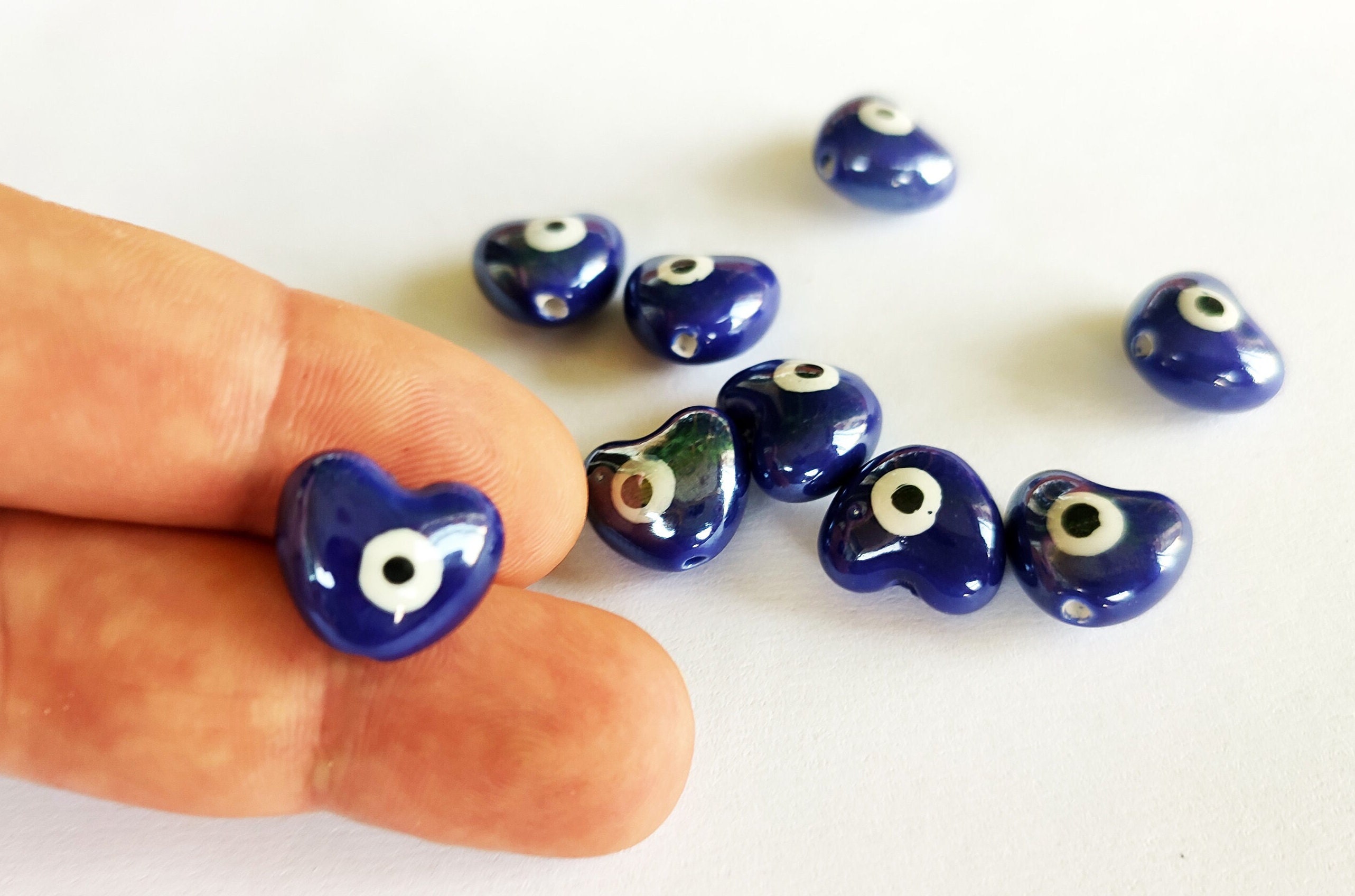 Glossy Dark Blue Heart Evil Eye Beads 12mm Glass Beads From Turkey - Love Beads , Unique Evil Eye Beads Nazar Evil Eye Evil Eye Protection