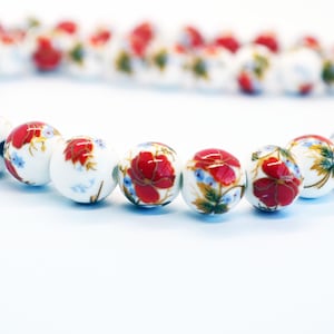 Red Ceramic Beads With Flower Pattern, Floral Beads, Festive Beads, 15 Pcs 10 mm Floral Porcelain Beads - DIY Floral Beads