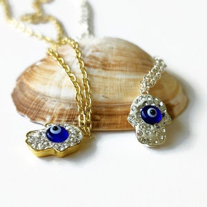 Collier Hamsa mauvais œil avec pierres brillantes - pendentif main de Fatima mauvais œil - collier de charme turc mauvais œil pour les femmes, collier Nazar