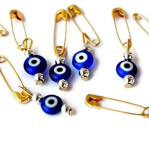 Evil Eye Safety Pins Wedding invitation Favor Supplies Beads With Pin - Ojo Beads, Blue Evil Eye Beads With Hook Nazar Baby Shower Supplies