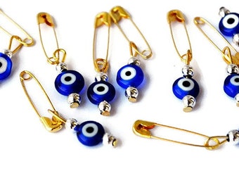 Evil Eye Safety Pins Wedding invitation Favor Supplies Beads With Pin - Ojo Beads, Blue Evil Eye Beads With Hook Nazar Baby Shower Supplies