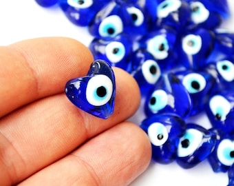 Heart Evil Eye Beads Blue Evil Eye 14mm Flat Glass Beads From Turkey - Love Beads , Dark Blue Evil Eye Beads Nazar Evil Eye Evil Eye Protect