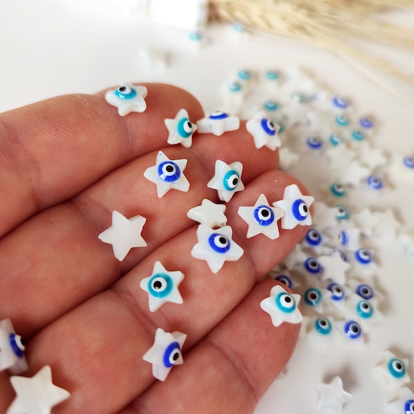 Star Shaped Mother of Pearl Beads With Evil Eye - Evil Eye Beads - Nacre Heart Beads With Nazar Turkish Evil Eye