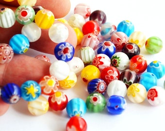 Floral Beads, Murano Beads 10 mm, Flower Patterned Murano Glass Colorful Round Beads -Set Of 35 Beads Making Necklace Bracelet  Charm Beads