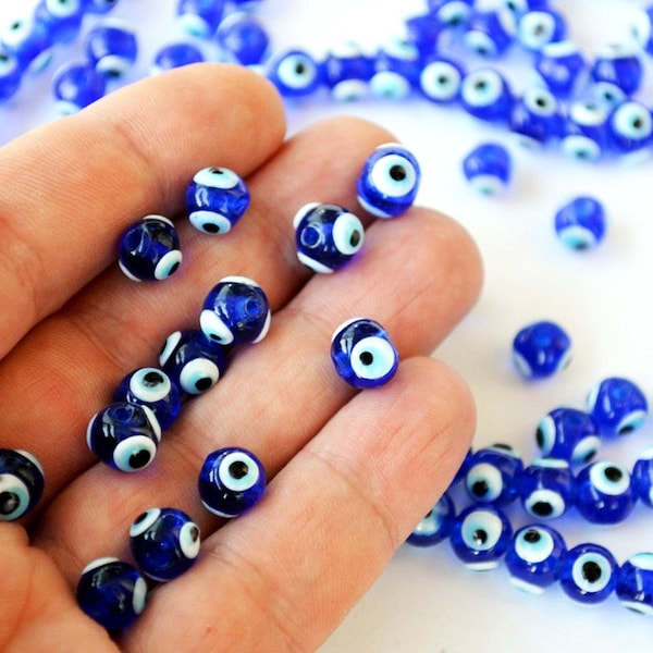 Lot de 50 perles de mauvais œil en verre véritable de Turquie - 8 mm - Perles de verre bleu marine - Bleu foncé Turkish Eye Nazar mal de ojo malocchio Protection