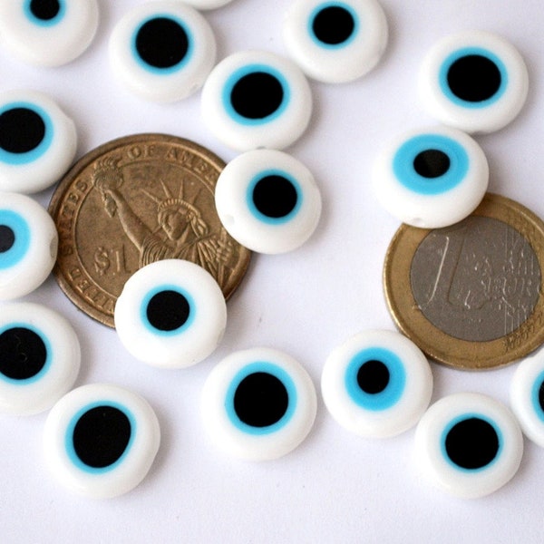 10 Pcs Grand Evil Eye Beads, 14 mm White Flat Evil Eye Beads - Flat Round Eye Beads Pendant Lamp Work Glass Beads Turkish Eye Beads