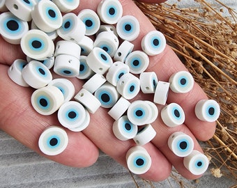 12 mm White Evil Eye Beads,  Polymer Clay Fimo Turkish Evil Eye Beads Set of 40 , Turkish Evil Eye Greek Evil Eye Protection Nazar