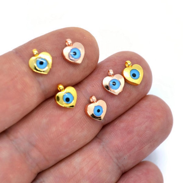 3 Pcs  Mini Heart Bead Pendants With Evil Eye - 6 mm Mini Evil Eye Beads Golden Color Plated Brass Cute Beads Beads For Bracelet Necklace