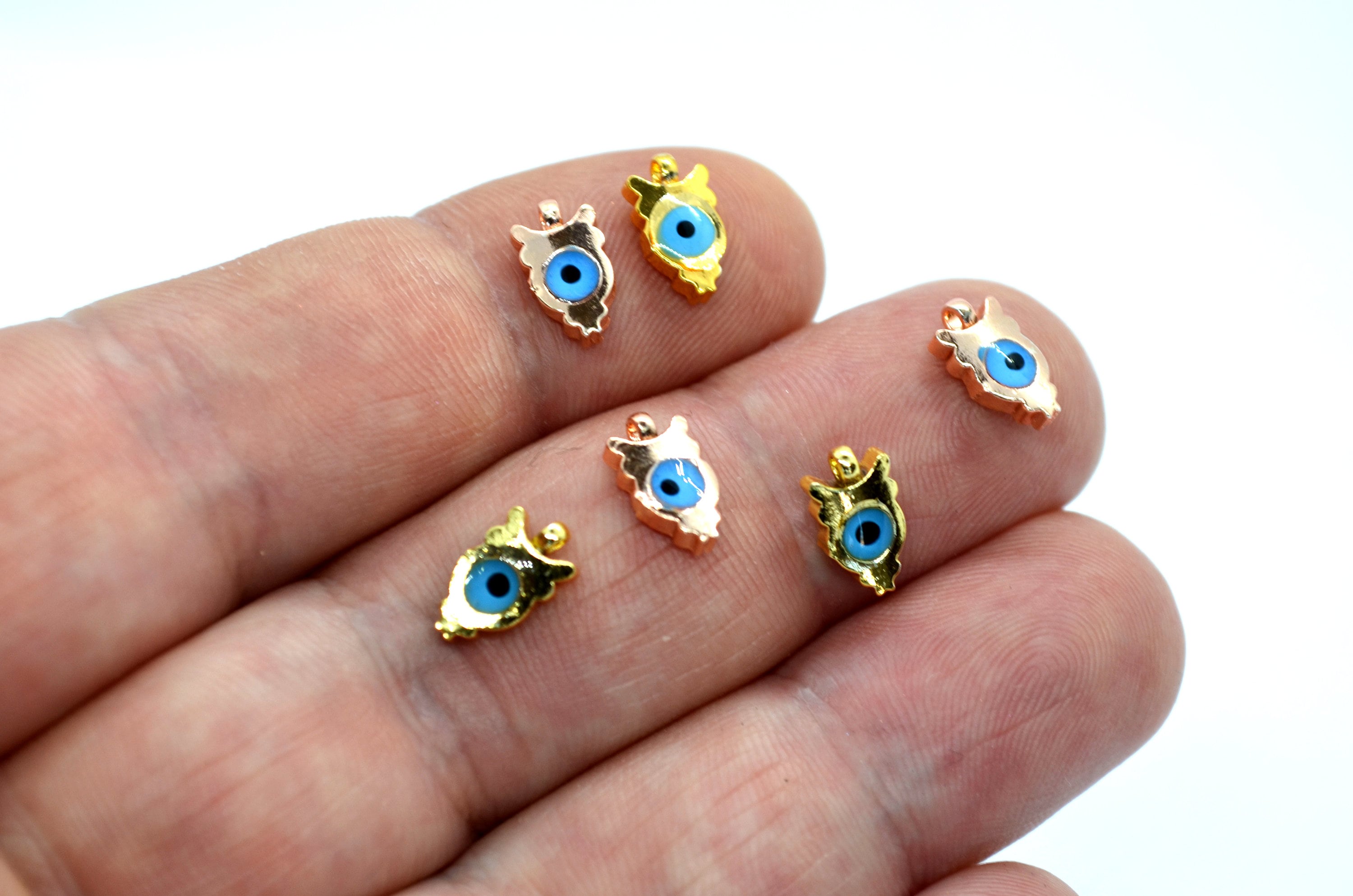 3 Pcs Mini Owl Bead Pendants With Evil Eye - 6 mm Mini Evil Eye Beads Golden Color Plated Brass Cut