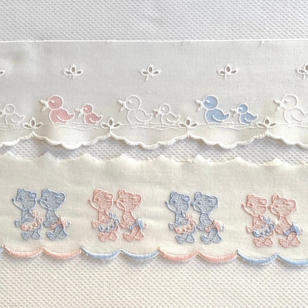 Pink & Blue Ducks or Baby Bear Batiste Embroidery Edging