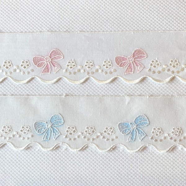 Pink or Blue Bow Scalloped Galloon Batiste Embroidery Vintage Bow Embroidery Trim Novelty Edging Baby Heirloom Trim Bow Edging Trim