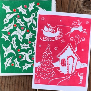 Hand Printed Holiday Note Cards - Linocut Holly and Santa Greeting Cards