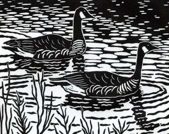Gansos canadienses - Impresión linográfica original tallada a mano, edición limitada