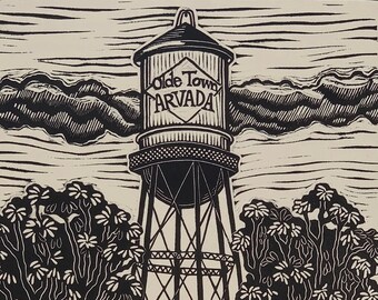 Olde Town Arvada Water Tower - Original Handcarved Linocut Print, Limited Edition