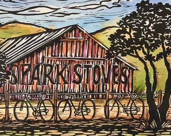 Rest Stop - Original Handcarved Linocut Print with Watercolor, Limited Edition