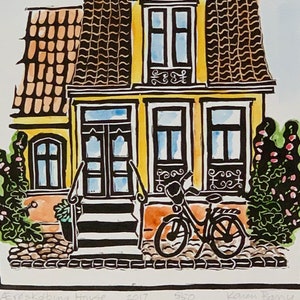 Aeroskobing House - Original Handcarved Linocut Print with Watercolor, Limited Edition