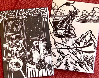 Hand Printed Holiday Robot Note Cards - Linocut Original Art Greeting Cards