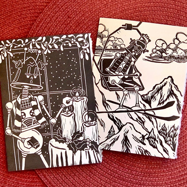 Hand Printed Holiday Robot Note Cards - Linocut Original Art Greeting Cards