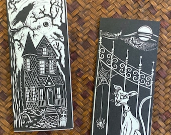 Hand printed Halloween Note Cards - Haunted House & Cat with Spider Linocut Blank Greeting Cards