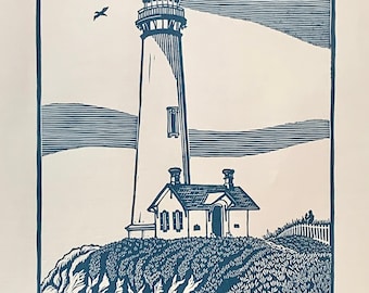 Pigeon Point, Pescadero CA - Original Handcarved Linocut Print, Limited Edition