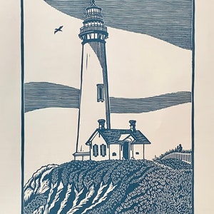 Pigeon Point, Pescadero CA - Original Handcarved Linocut Print, Limited Edition