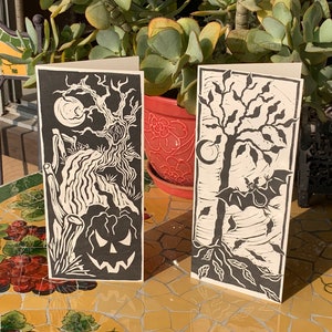 Hand Printed Halloween Note Cards - Pumpkins & Bats Linocut Blank ...