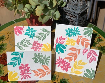 Spring Flowers Linocut Greeting Card - Hand Printed Flowers Blank Note Card