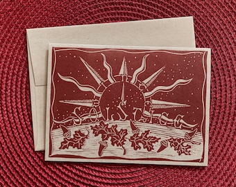 Tarjetas de felicitación con motivos del solsticio de invierno impresas a mano - Arte original en linóleo