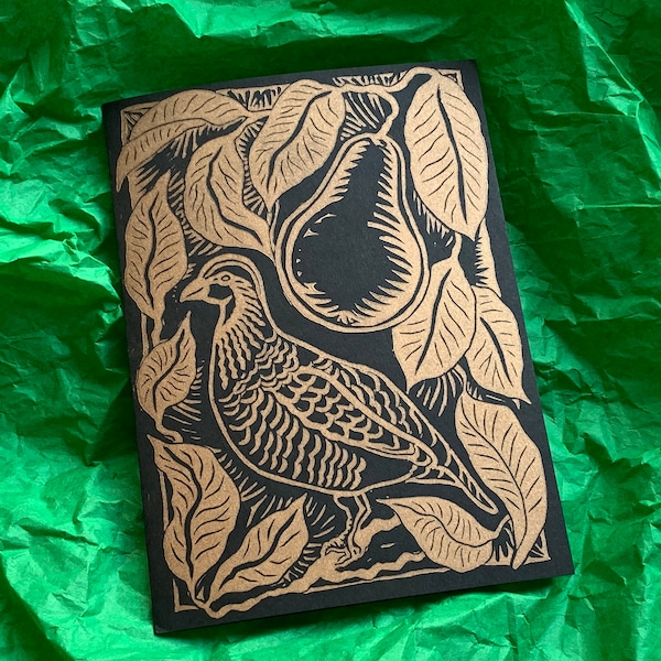 Hand Printed Partridge in a Pear Tree Christmas Note Card - Hand made Linocut Holiday Greeting Card