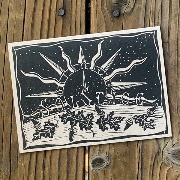 Hand Printed Winter Solstice Note Cards - Linocut Original Art Greeting Cards