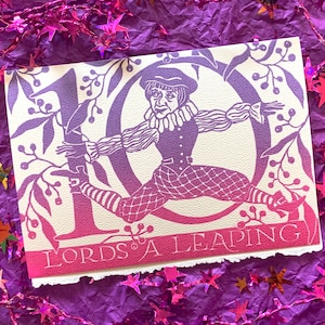 Hand Printed Ten Lords a Leaping Christmas Note Card - Hand made Linocut Holiday Greeting Card