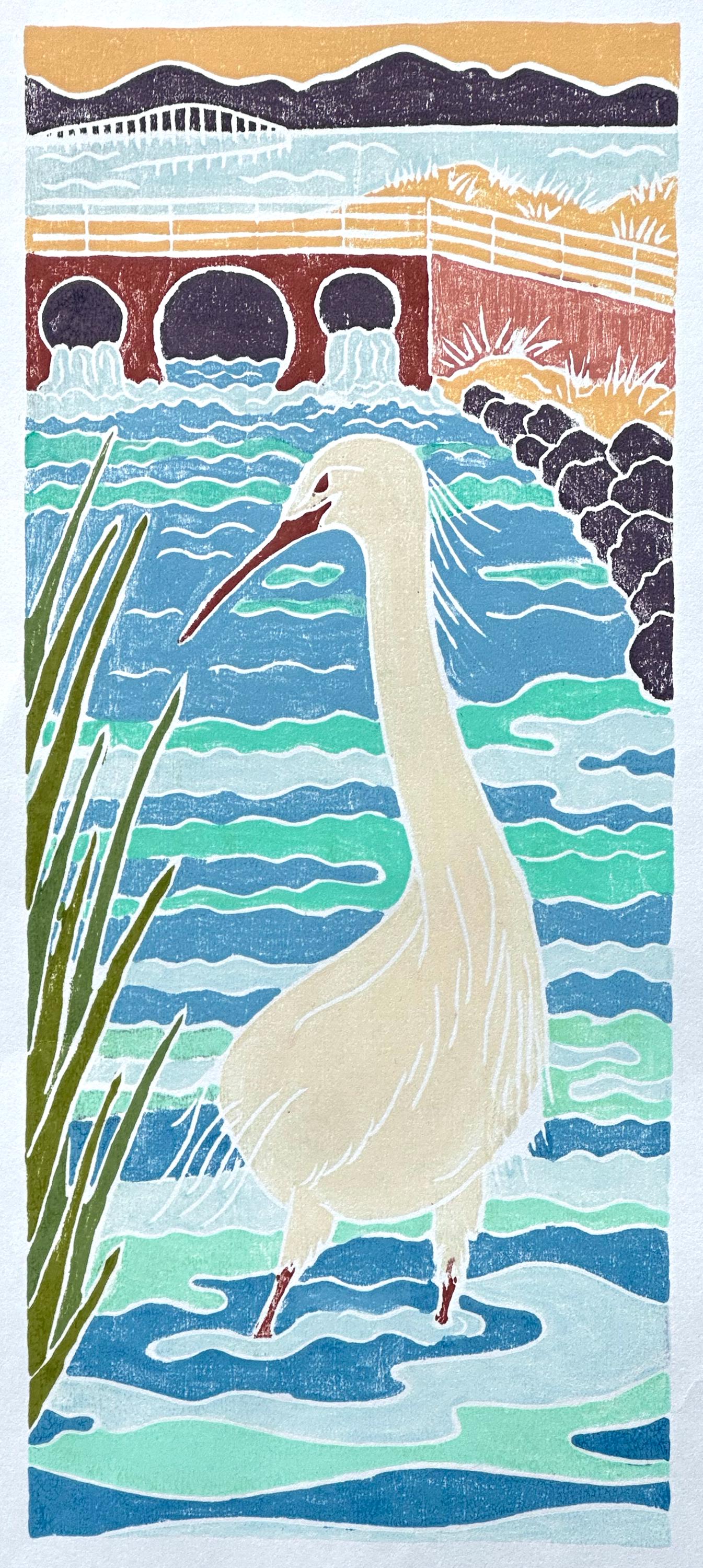 Hayward Regional Shoreline - Original Handcarved White Line Woodcut Print, Limited Edition
