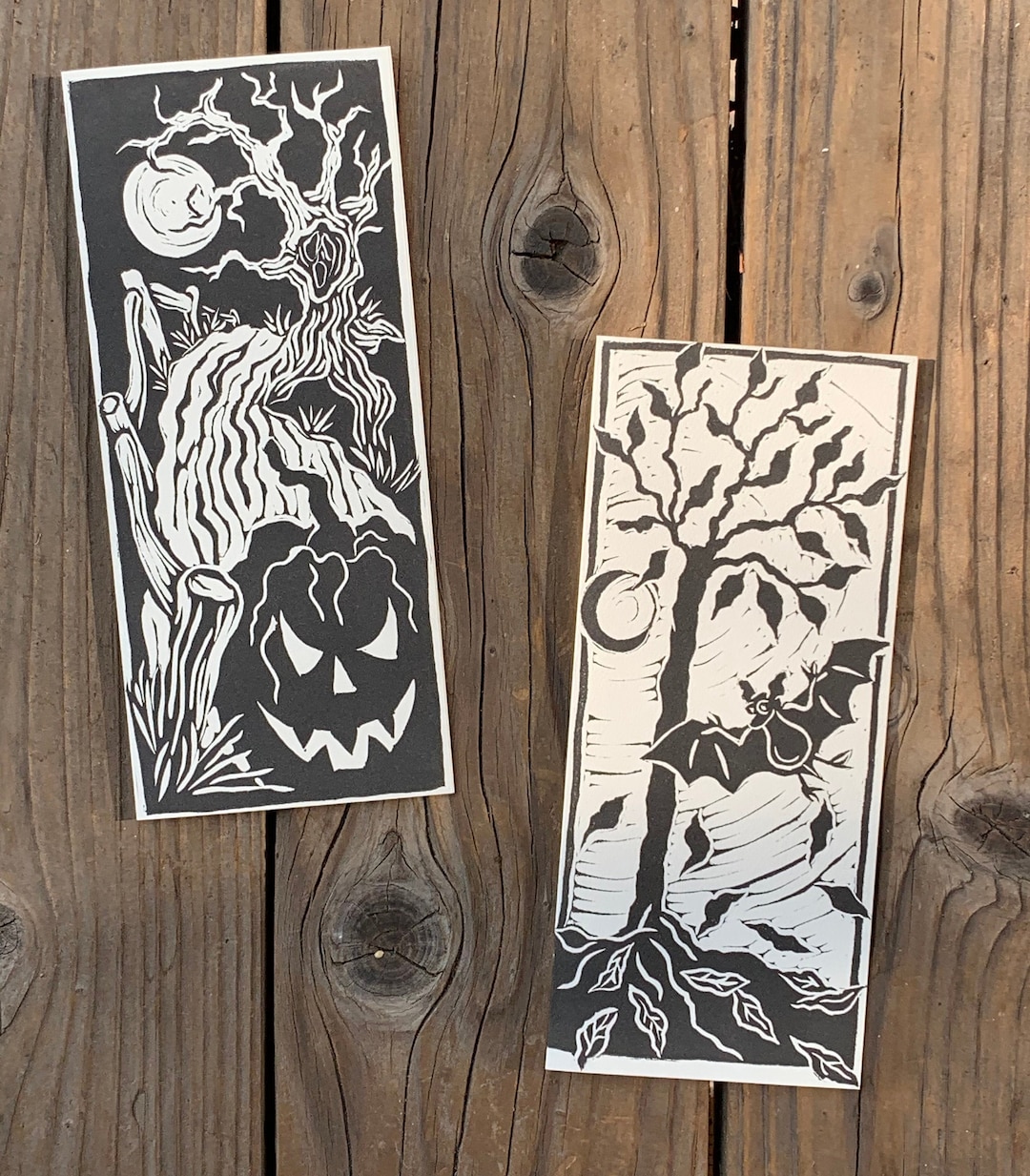 Hand Printed Halloween Note Cards - Pumpkins & Bats Linocut Blank ...