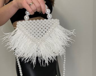 wedding pearl clutch, bride party beaded clutch, feather clutch, luxury bag, one year dating gift, evening bridal christmas cocktail handbag