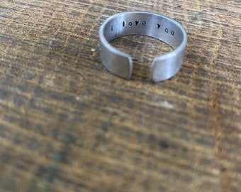 Hand stamped personalised silver aluminium adjustable cuff ring ‘I love you’ discreet romantic Valentines anniversary birthday keepsake gift