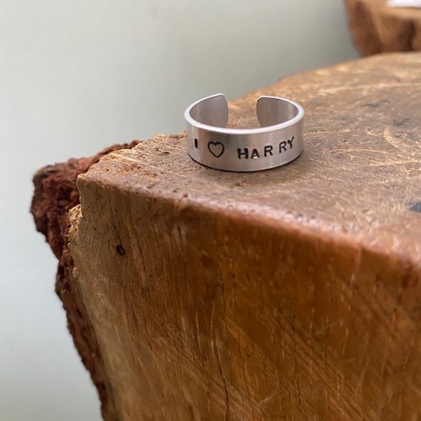 Hand Stamped Personalised Silver Aluminuim Adjustable Cuff Ring Jewellery Custom Fun I Love Harry Name Unique Christmas Birthday Stlyes Gift