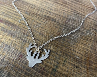 Hand stamped personalised necklace stag deer reindeer antlers pendant silver chain necklace jewellery birthday Christmas gift fun gorgeous!
