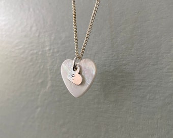 Hand stamped personalised mother of Pearl shell heart pendant initial silver chain necklace birthday Valentines Mothers Day anniversary gift