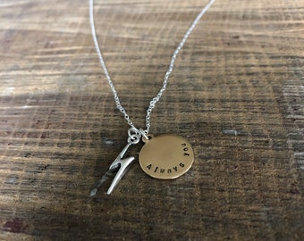 Always You Silver Necklace Chain Hand Stamped Brass Pendant Lightning Bolt Name BOWIE Charm Personalised Birthday Best Friend Christmas Gift