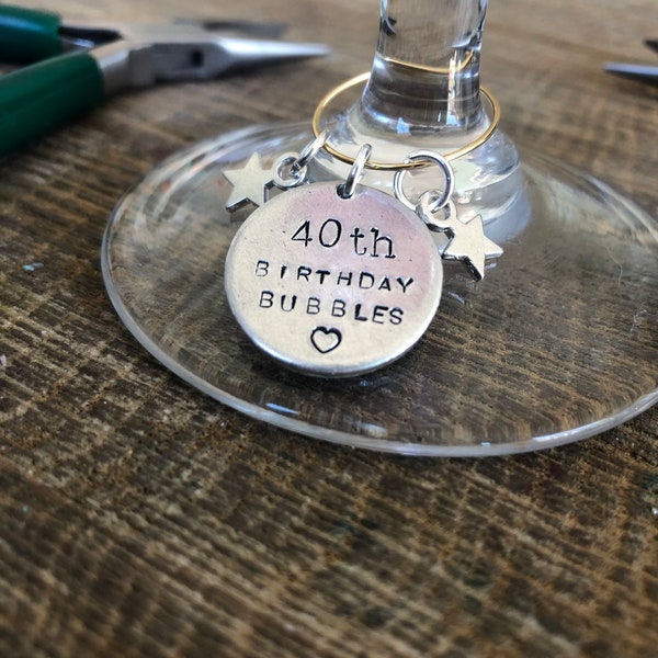 Hand Stamped Personalised Wine Glass Charm Fun Big Birthday Bubbles Unique Keepsake 18th 21st 30th 40th 50th 60th Party Gift Special Fun