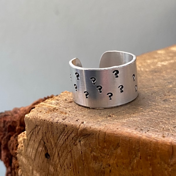 Hand Stamped Chunky Personalised Silver Aluminium Adjustable Cuff Ring RIDDLE Question Mark Custom Jewellery Christmas Gift Present Fun x