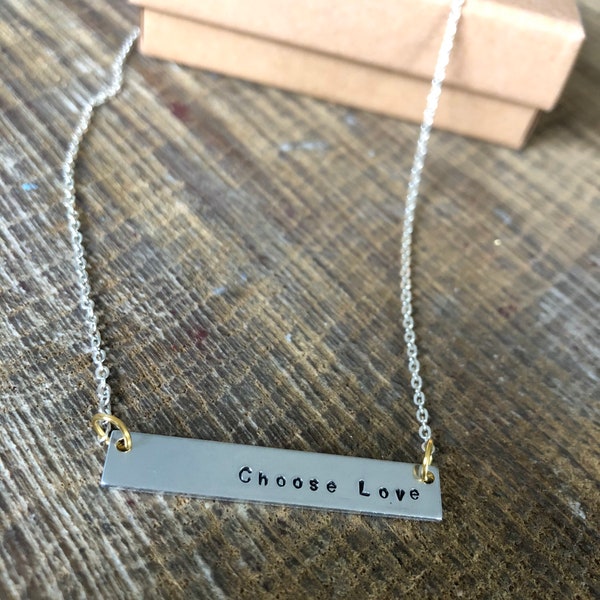 Silver Necklace Jewellery Hand Stamped Bar Plaque Pendant Choose Love Handmade Fun Birthday Friend Family Statement Custom Gift Present x