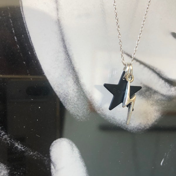 Hand Stamped Personalised Bowie Black Star Pendant Lightning Bolt Charm Silver Chain Necklace Jewellery Perfect Custom Name Gift Christmas x