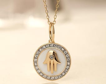 Handcrafted Ceramic Hamsa Pendant Necklace for Protection in 925 Sterling Silver | White Pink Black Blue | Protection | Enamel Charms