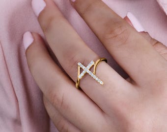 Cali Trove Diamond Cross Ring Sterling Silver | White Diamonds, Bypass Wedding Band