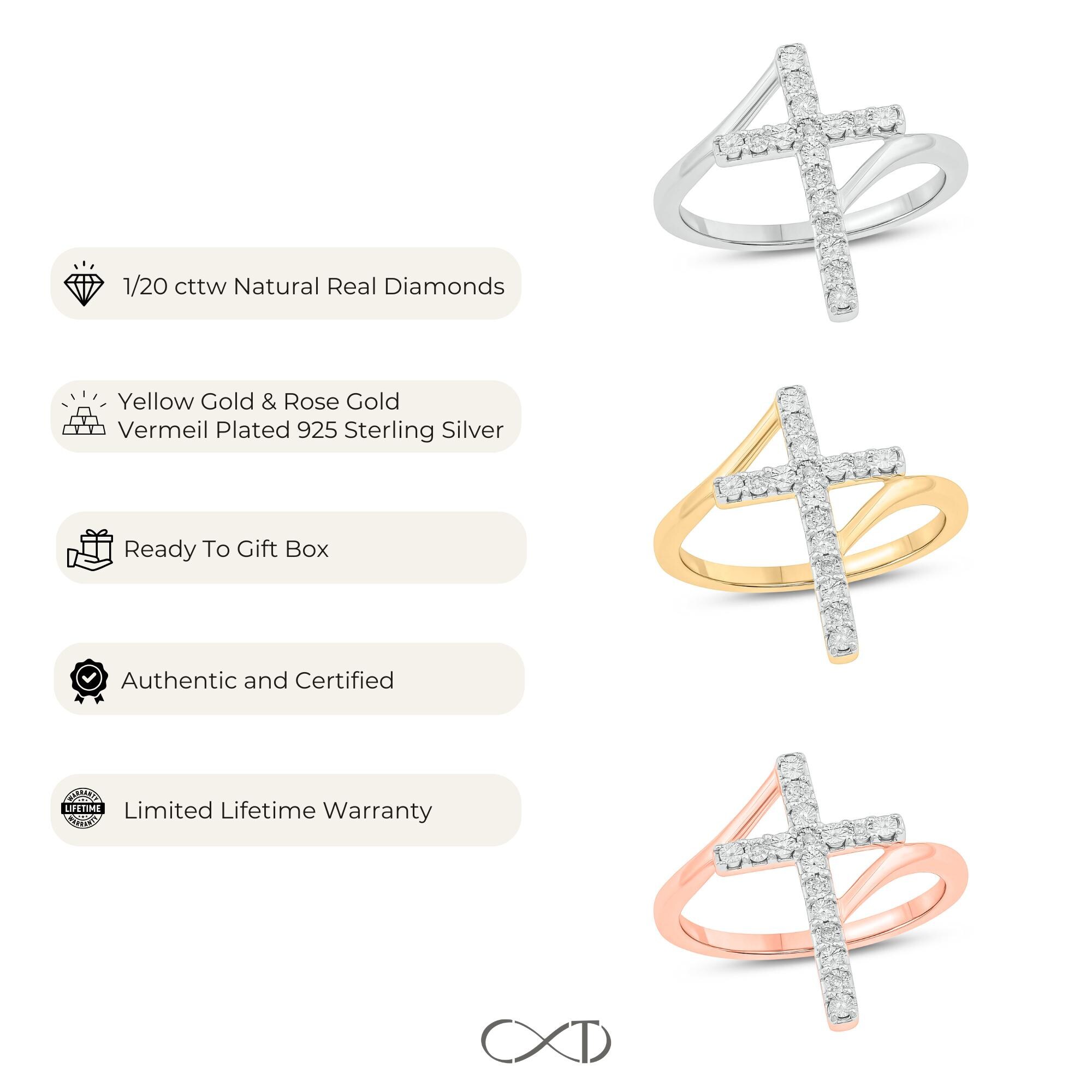 Cali Trove 1/20 CT Natural Diamond Cross Ring - Gold Vermeil 925 Sterling Silver, Vertical Accent Ring - View #7